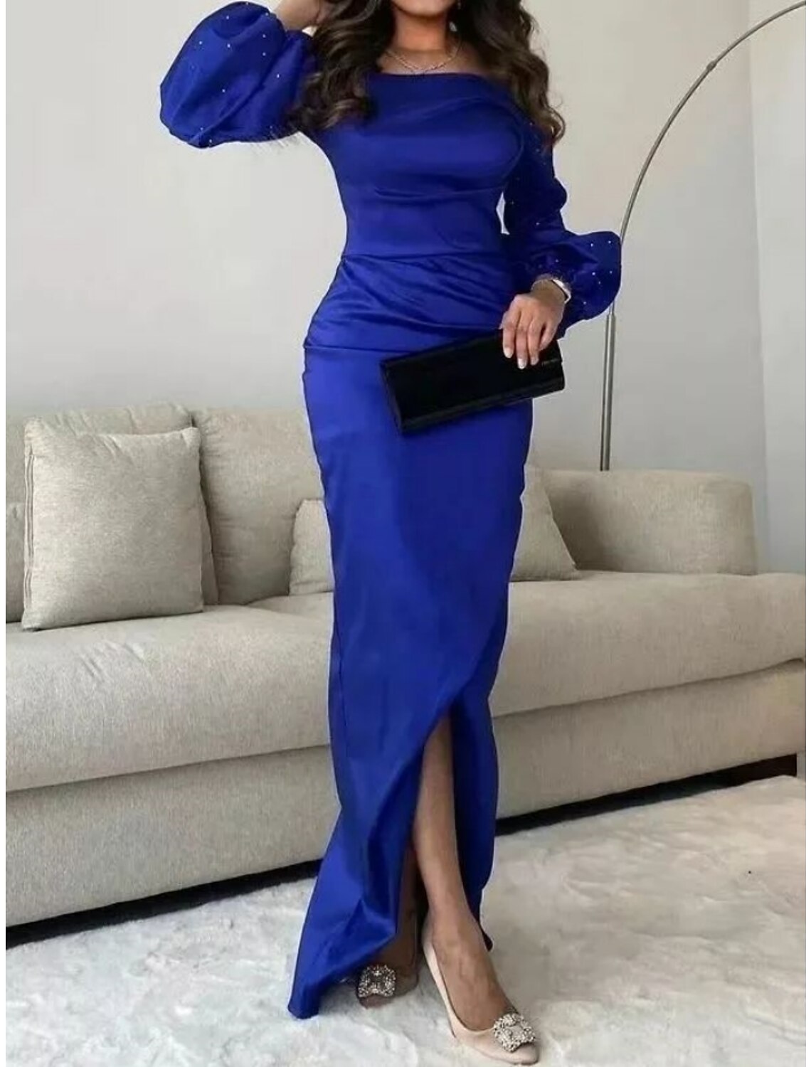 Mermaid / Trumpet Evening Gown Elegant Dress Formal Floor Length Long Sleeve Square Neck Satin with Ruched Sequin Slit 2025